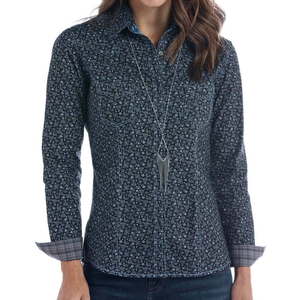 Panhandle Rough Stock Bluse Cape Coral Button Down Pearl Snap Geometric Blue S